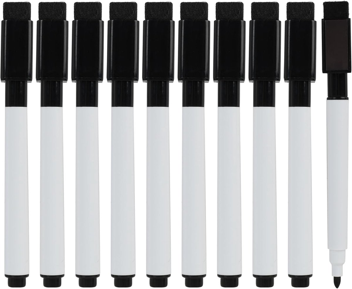 Set van 10 Zwarte Magnetische Whiteboard Markers, Veegbare Stiften met Magnetische Dop, Ideaal voor School, Kantoor en Creatieve Projecten