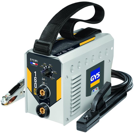 GYSMI 160P lasapparaat met handvat, regelknop, aardklem en lasklem. Grijs met gele en zwarte details.