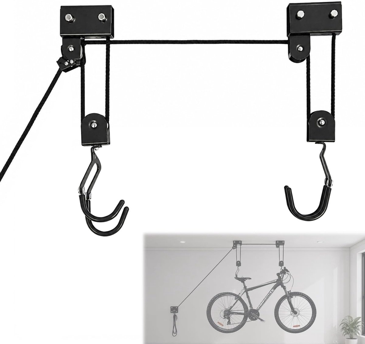 Universele Fietshouder voor Plafond - Maximaal 57 kg - Fietslift met Haak voor Ruimtebesparing en Gemak