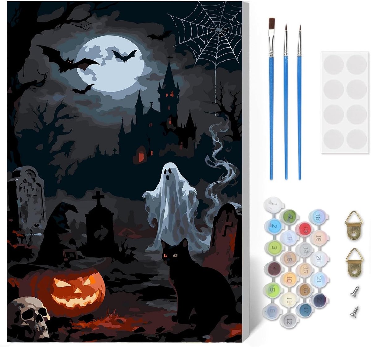 Halloween Nacht Scène Schilderen op Nummer Kits voor Volwassenen - Spookachtig Canvas Olieverfschilderij voor Beginners met Borstels en Kunstbenodigdheden