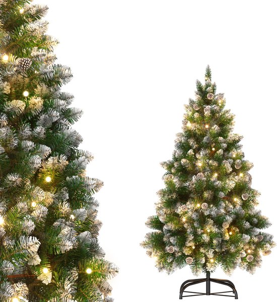 Kunstkerstboom 180 cm met LED Verlichting - Brandvertragend PVC - met Sneeuw en Dennenappels - Metalen Voet - Kerstdecoratie voor Huis en Etalage - NAIZY