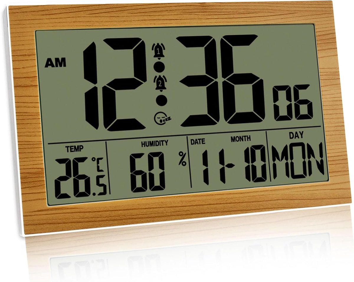 Digitale Wandklok met Radiocontrole, Temperatuur- en Vochtigheidsweergave, Alarmfunctie voor Slaapkamer, Woonkamer en Kantoor, 20 x 12,5 cm