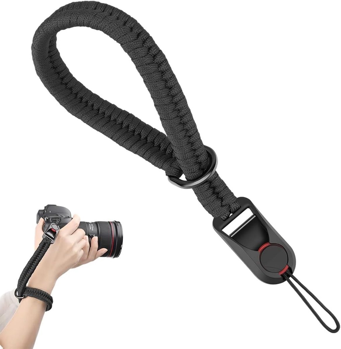 Verstelbare camerariem met snelsluiting, handgevlochten paracord polsband voor camera's, duurzame en comfortabele camerariem
