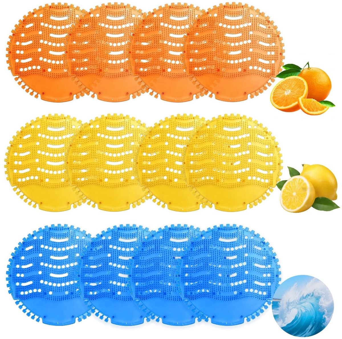 Urinoir zeefje - Oranje, Geel en Blauw - 12 Stuks - Met Geur en Spatbescherming - Voor Toilet en Urinoir