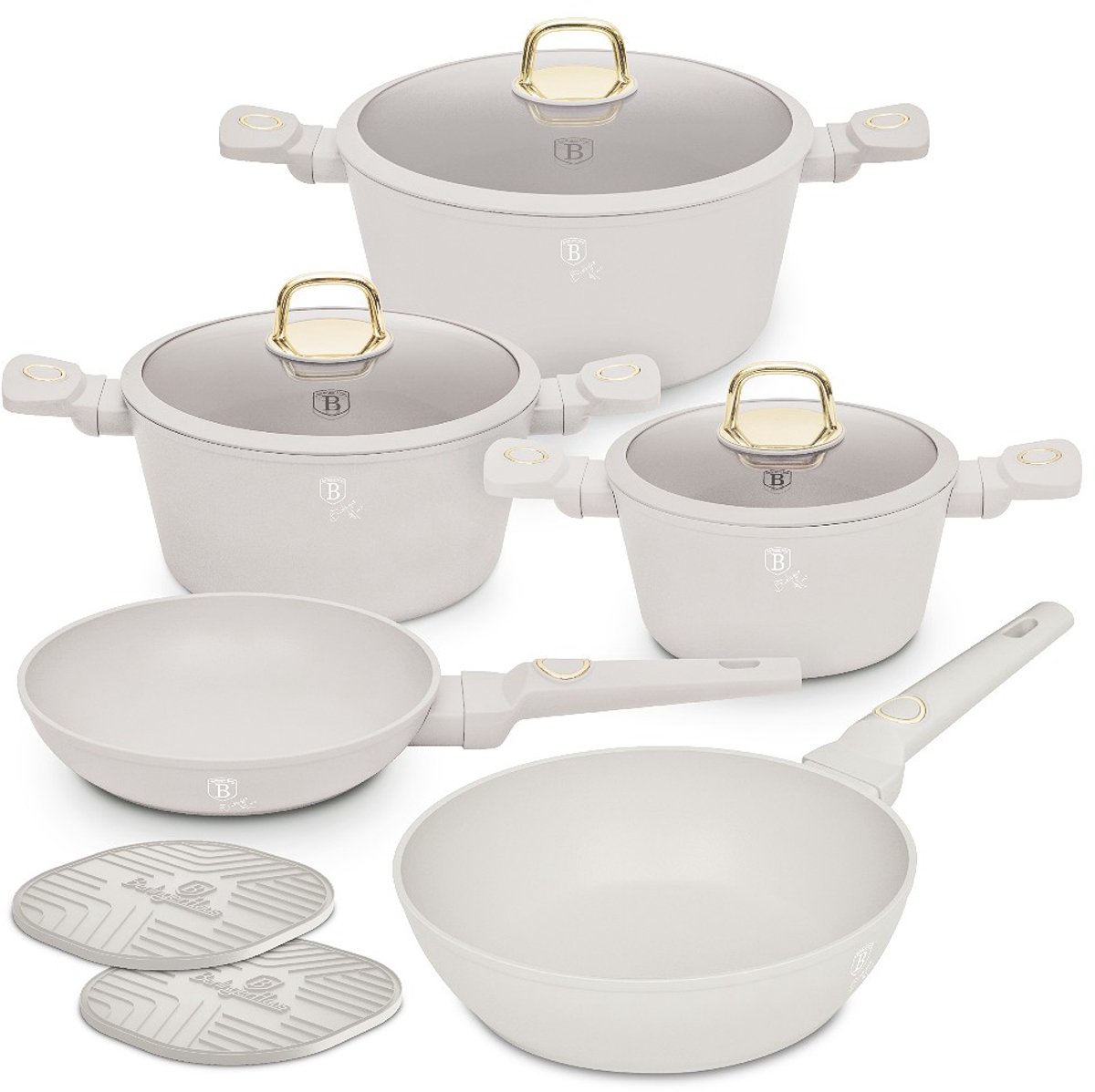 Berlinger Haus Pannenset Mat Crème 7-Delig - Kookpan ø 20, 24, 28 cm & Koekenpan ø 20, 24 cm - geschikt voor alle warmtebronnen