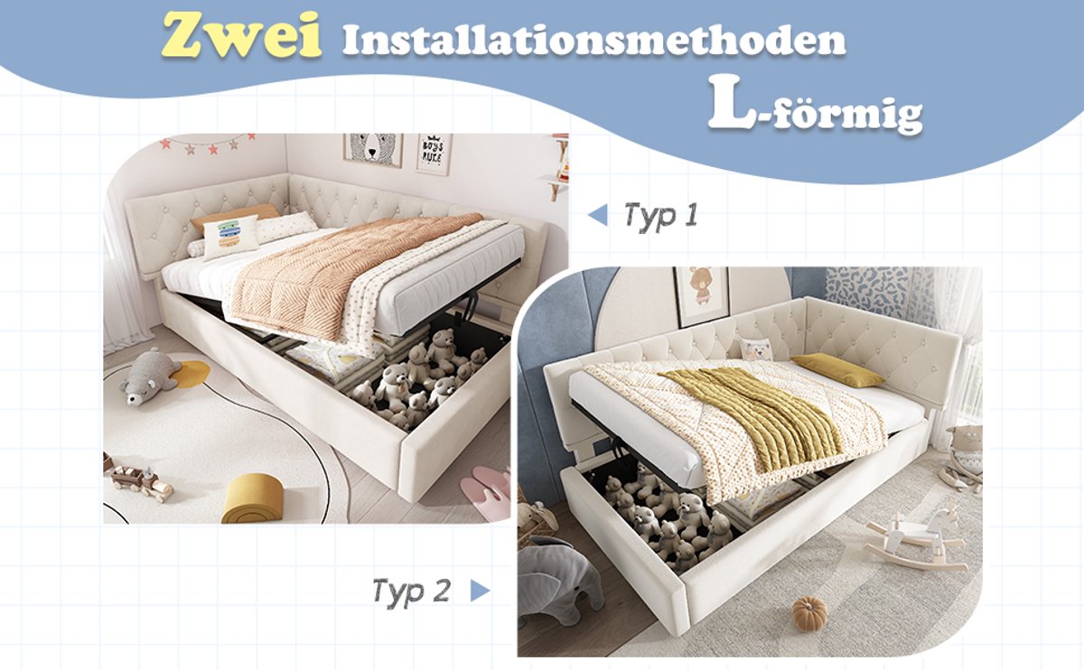 WUVRIE Slaapbank 90x200 cm met hydraulische opbergruimte, fluwelen bekleding, beige