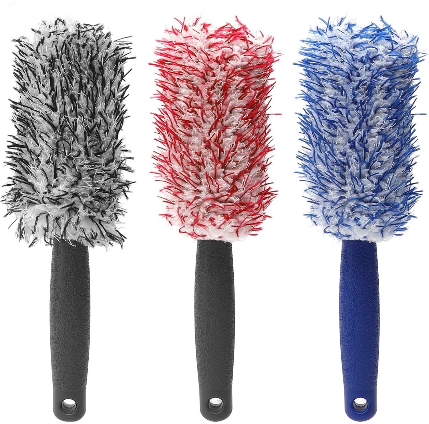 3x Velgenborstel Microvezel 30cm - Ergonomische Grip - Blauw, Rood, Grijs