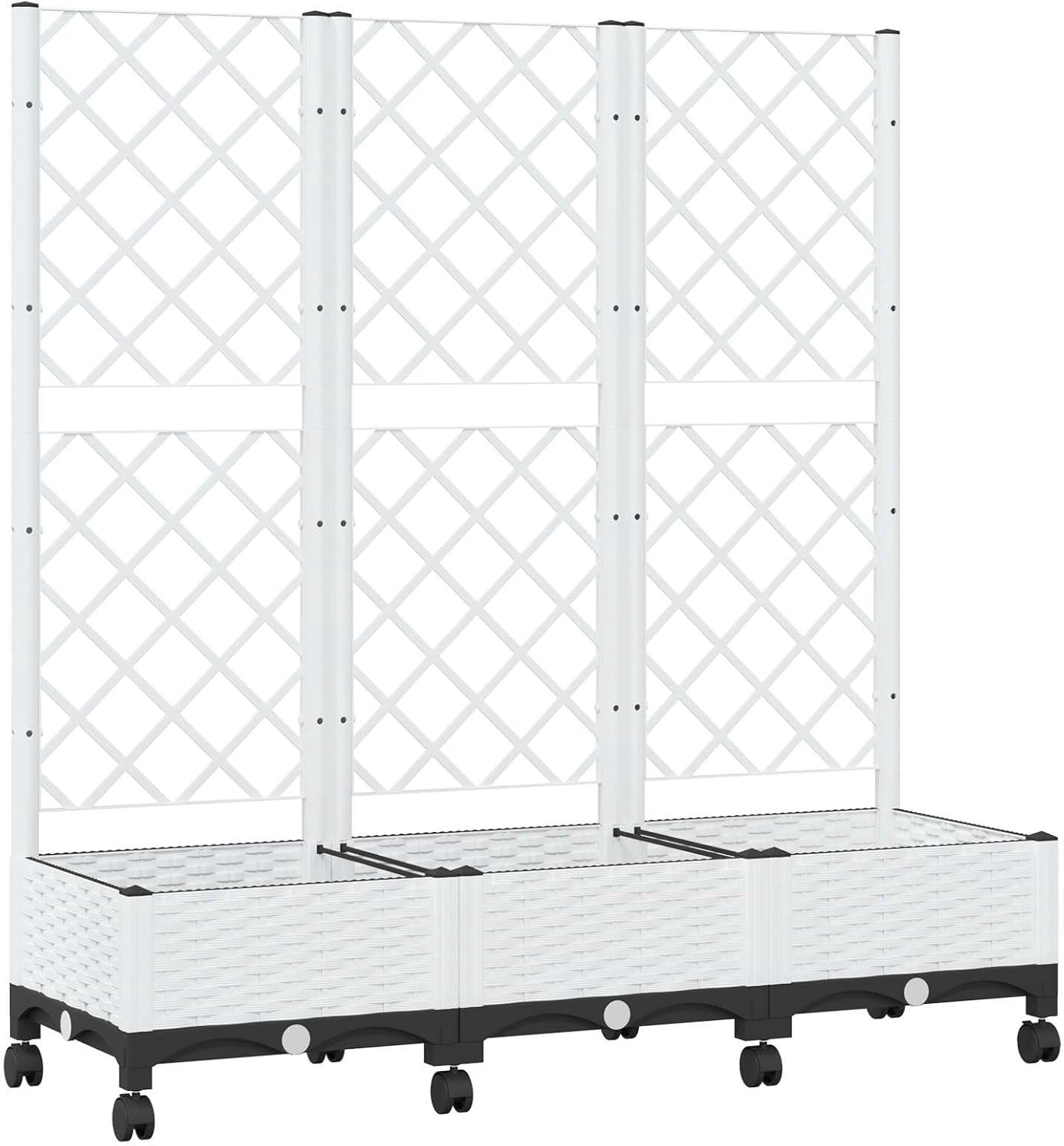 Bloembak met spalier en wielen, wit, 120 x 40 x 131,5 cm, PP