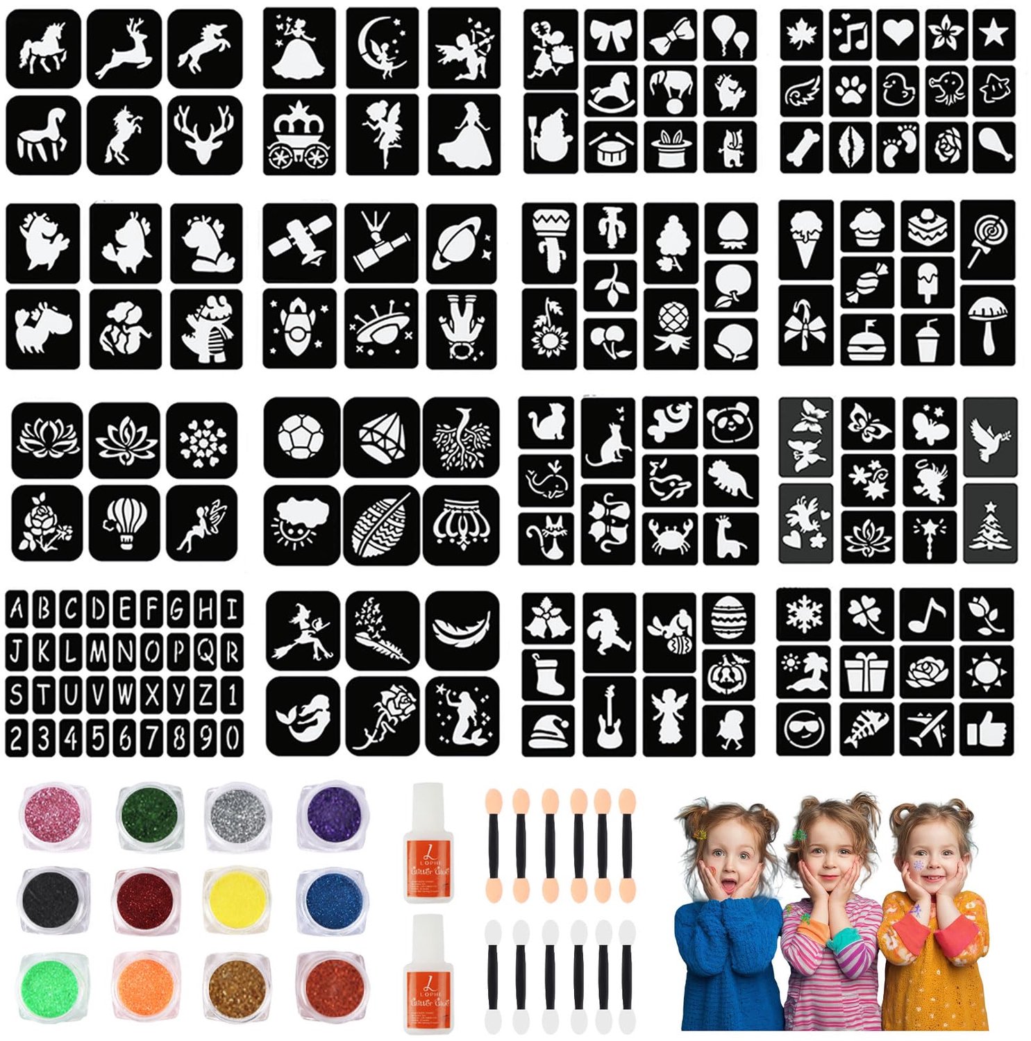 Thijox - Glitter Tattoo Kit voor Kinderen - 16 Herbruikbare Sjablonen, 12 Kleuren Glitterpoeder, 2 Lijm, 10 Borstels - Veilige Lichaamskunst voor Verj