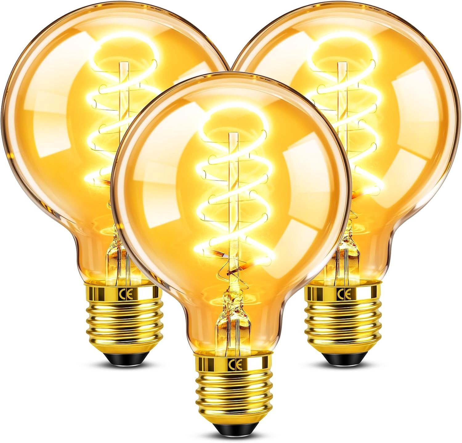 Vintage Dimbare LED G80 Globe Lamp 4W Amber Glas Warm Wit 2200K voor Café en Restaurant, Set van 3 Decoratieve Lichten
