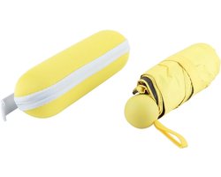Compacte reisparaplu, winddicht, opvouwbaar, lichtgewicht, draagbaar opbergvak met capsulehoes, mini-zon- en regenparaplu, UV-bescherming, geel