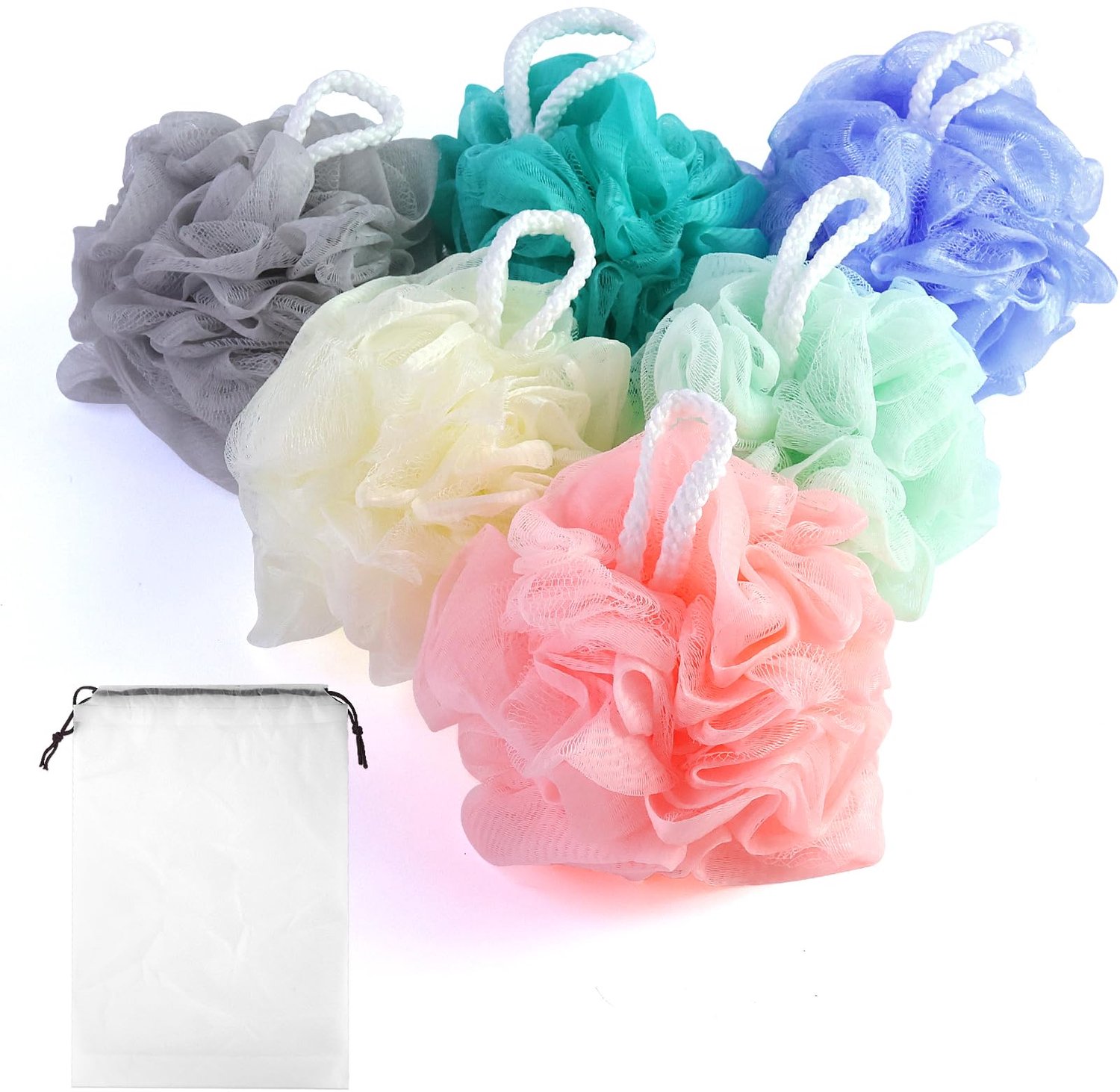 6 Stuks Schuim Mesh Douche Bloem Wasbare Kleur, Exfoliërende Spons, Loofahs Foam Bad Reinigingsborstel, Badsponzen, Douchepoef voor de Huid Reinigen K