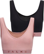 Twee Falke beha's, één in roze en één in zwart, met een Falke logo op de band.