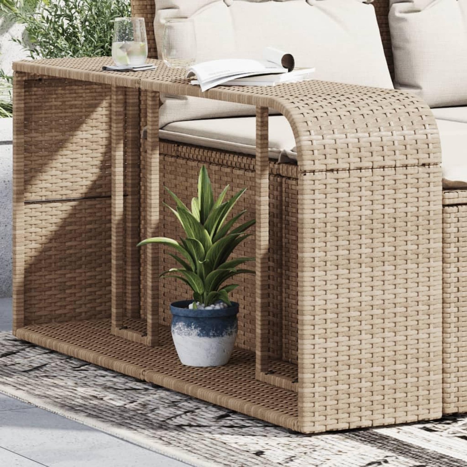 Set van 2 tuinplanken van polyrotan, weerbestendig staand rek voor terras, balkon en tuin, beige