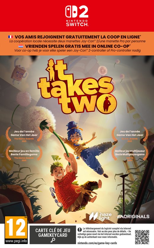 De cover van It Takes Two voor Nintendo Switch toont een jongen en een meisje die aan een paardenbloem trekken.