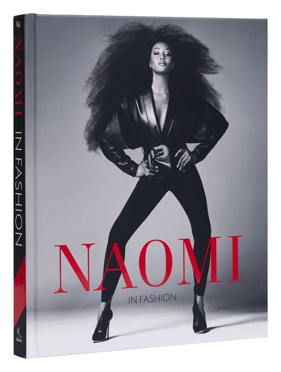 Boekomslag van 'NAOMI IN FASHION' met Naomi Campbell in een leren outfit met grote afro.