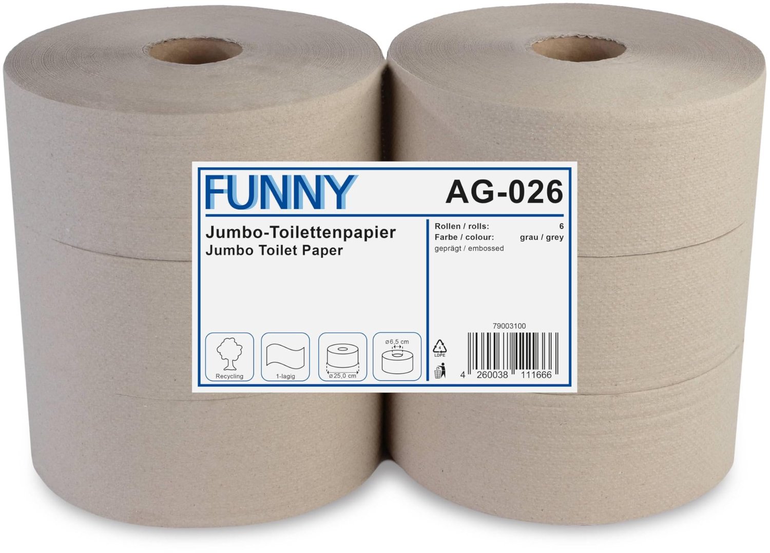 Funny AG-026 Jumbo-toiletpapier, 1-laags, recycling, naturel, diameter 25 cm, verpakking van 6 stuks