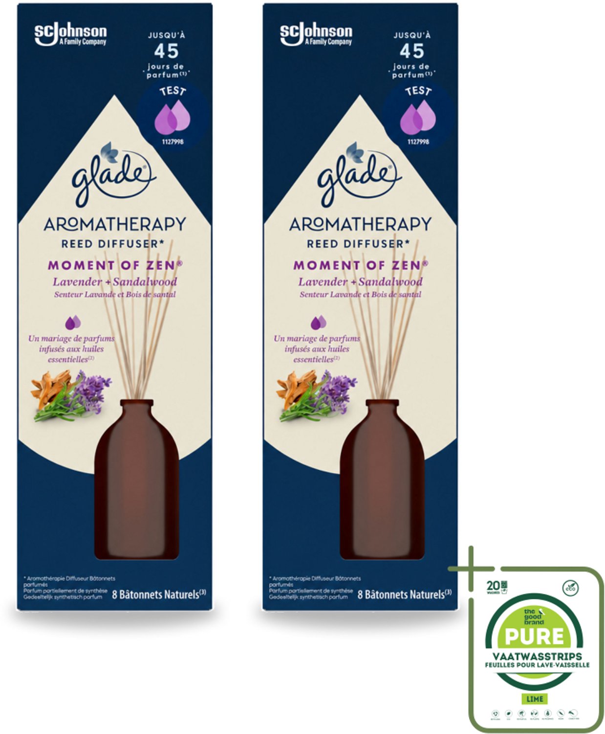 2 x Glade - Geurstokjes Moment van Zen - Aromatherapie Geurverspreiding - 80 ml - Grootverpakking - Vaatwasstrips - Geurstokjes - Aromatherapie - Rust - Ontspanning - Lavendel