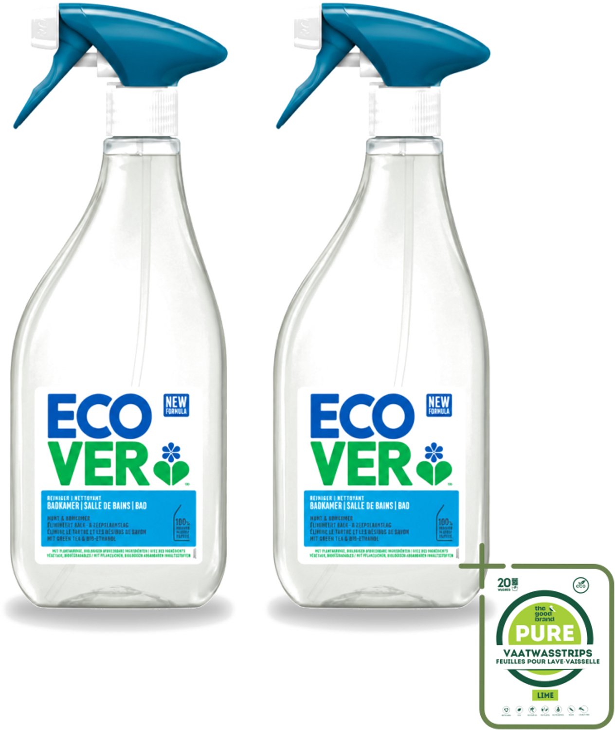 2 x Ecover - Badkamerreiniger - Munt & Komkommer - 500 ml - Grootverpakking - Vaatwasstrips - Badkamerreiniger - Kalkverwijdering - Zeepresten - Plantaardige Reiniger - Ecologische Reiniger