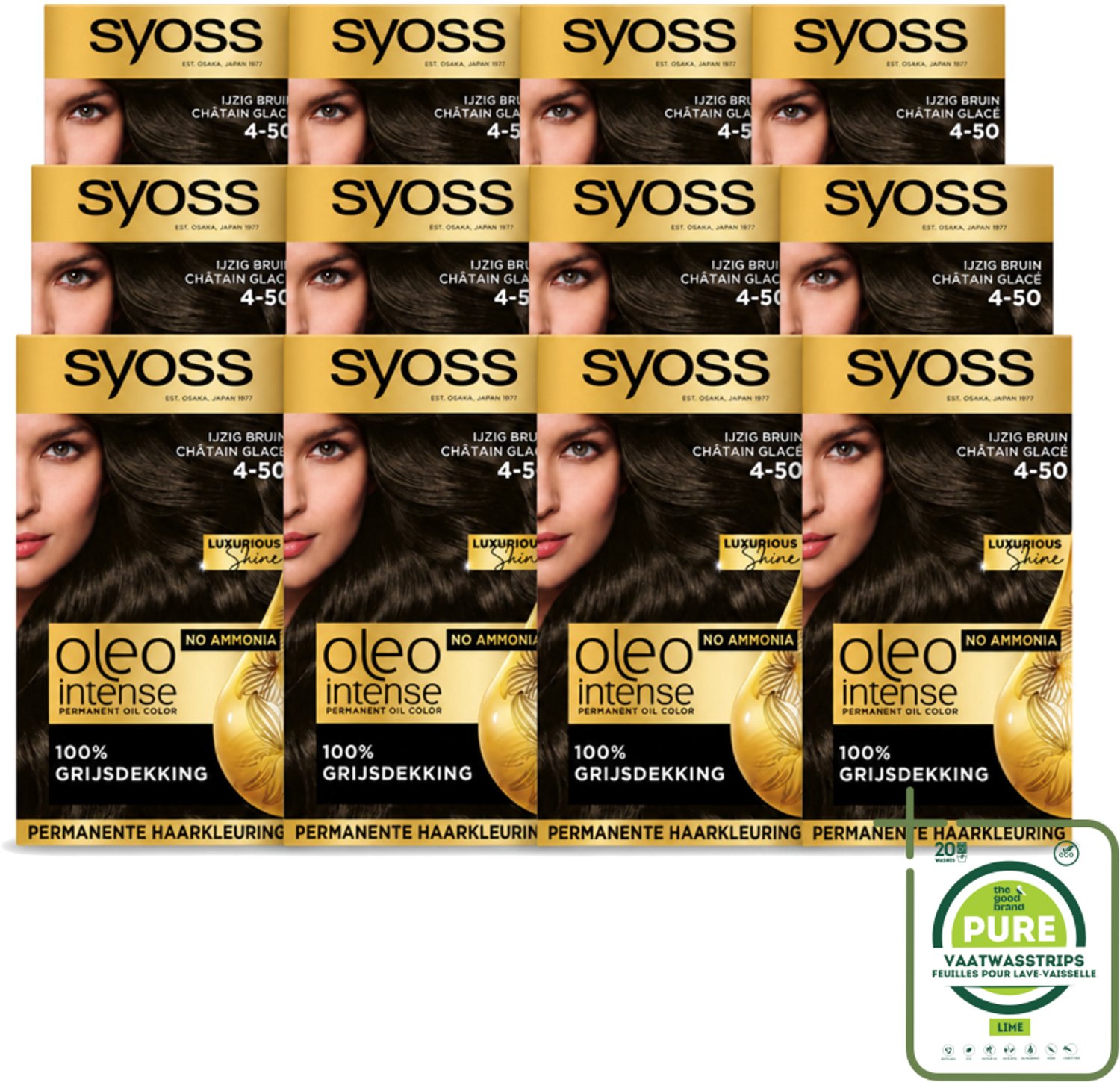 12 x SYOSS - Oleo Intense 4-50 - Haarverf - Permanente Haarkleuring - Ijzig Bruin - Langdurige Kleur - Grootverpakking - Vaatwasstrips - Haarkleuring - Ijzig Bruin - Ammoniakvrij - Permanente Haarkleuring - Haarverzorging