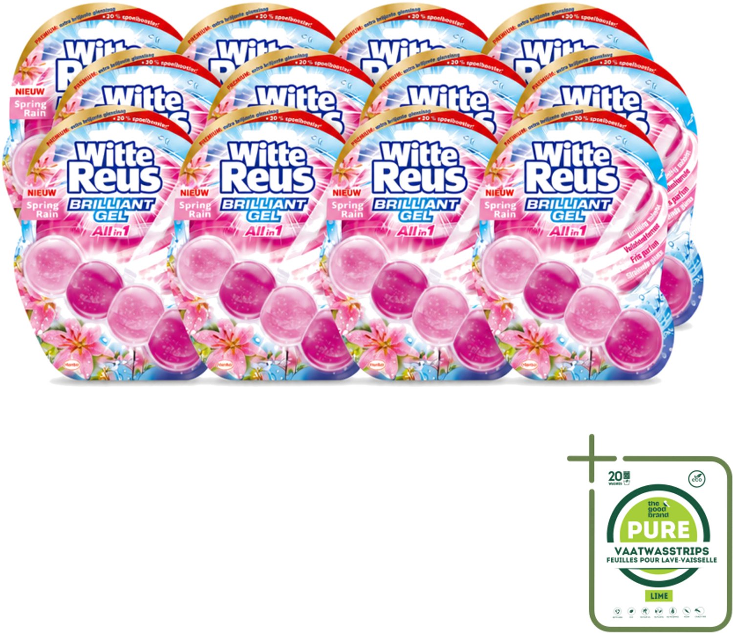 12 x Witte Reus - Toiletblok Brilliant Gel - Spring Rain - 1 Toiletblok - Grootverpakking - Vaatwasstrips - Toiletgel - Reinigingsgel - Frisheid - Schoonmaak - Toiletpot