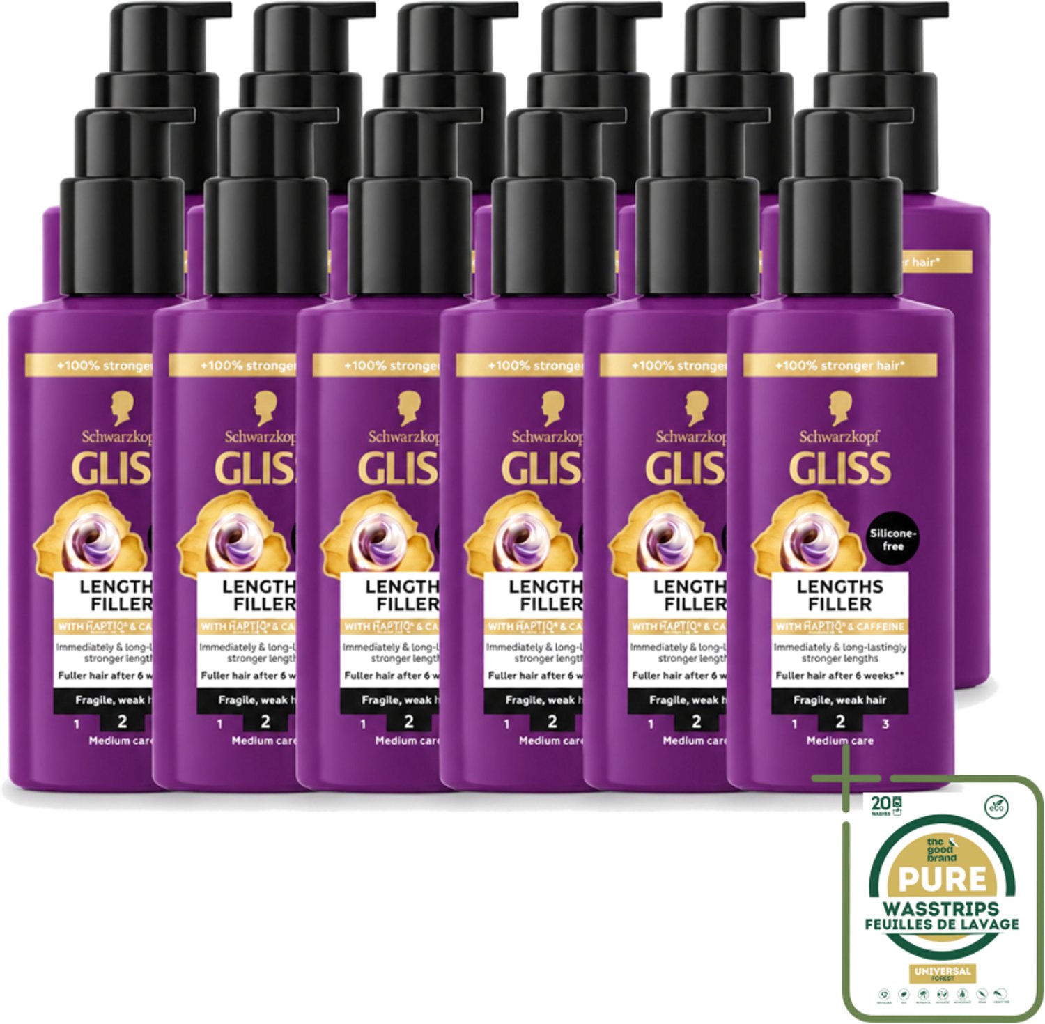 12 x Gliss - Haarserum - Lengths Filler - Siliconenvrij met Cafeïne - Voor Sterker Haar - 100 ml - Wasstrips - Haarserum - Sterker Haar - Haarversterking - Haarbreuk Voorkomen - Cafeïne Haarserum