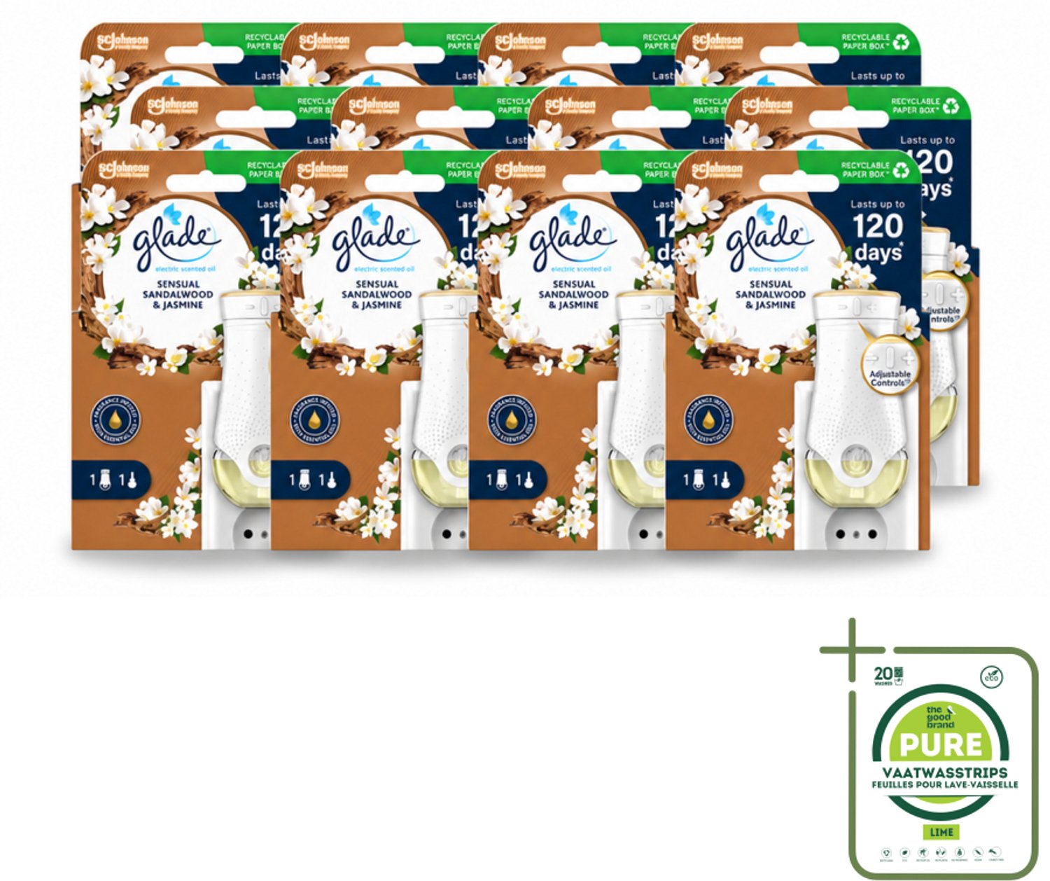 12 x Glade - Houder Elektrische Olie - Sensual Sandelhout Jasmijn - Grootverpakking - Vaatwasstrips - Geurhouders - Geur - Geurhouders Elektrisch - Geurhouders Voor Huis - Geurhouders Sensueel