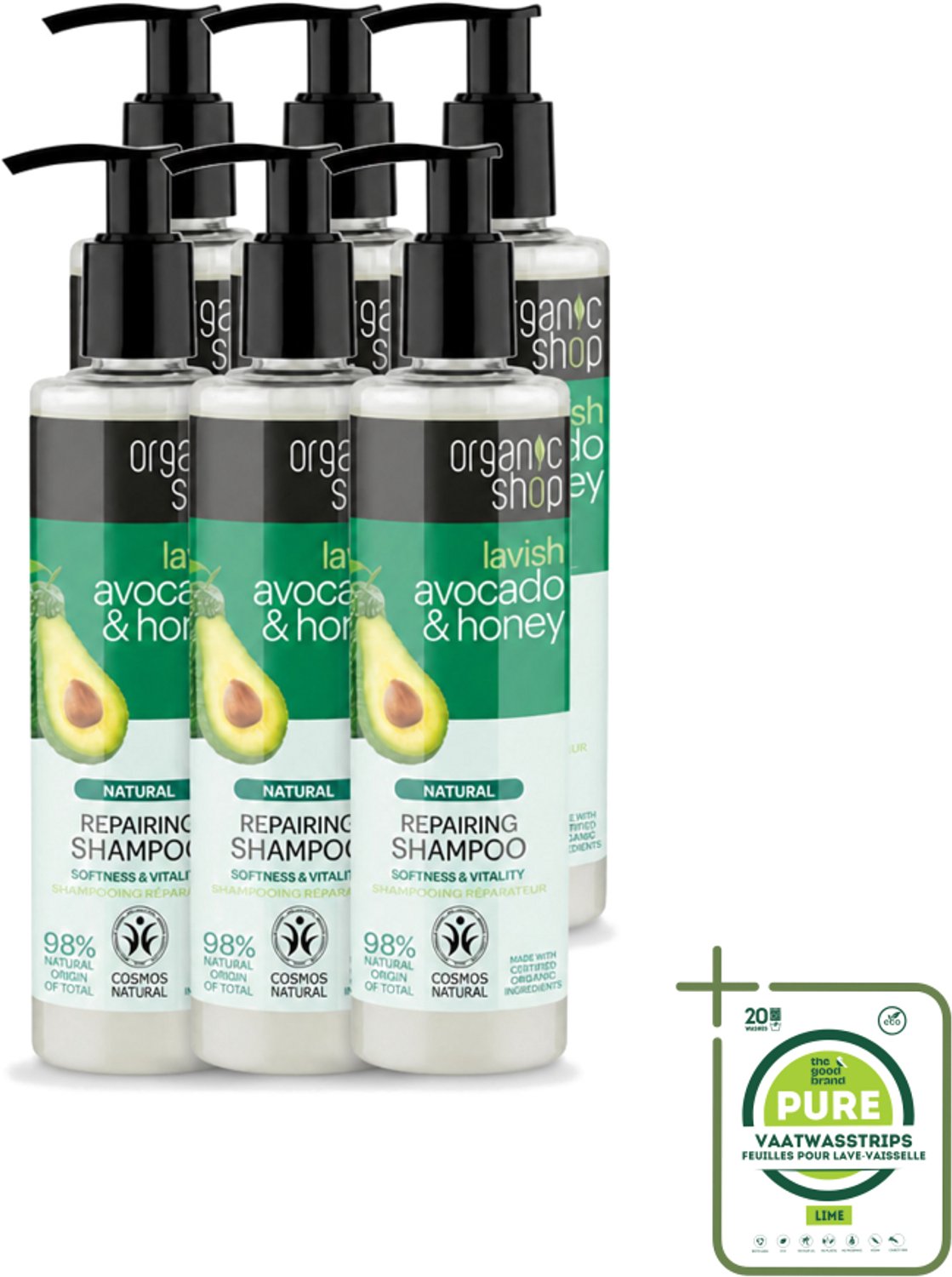 6 x Organic Shop - Natural Repairing Shampoo - Avocado & Honey - Hydraterend en Herstellend - 280 ml - Grootverpakking - Vaatwasstrips - Natuurlijke Shampoo - Avocado En Honing - Herstellend Haar - Hydraterend Haar - Droog Haar