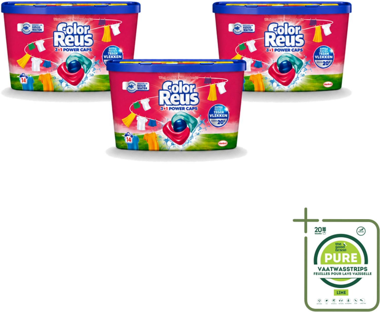 3 x Color Reus - 3+1 Power Caps - Gekleurde Was - 14 Wasbeurten - Grootverpakking - Vaatwasstrips - Kleurbehoud - Wasmiddelcapsule - Krachtige Was - Stralend Schoon - Fris Wasgoed