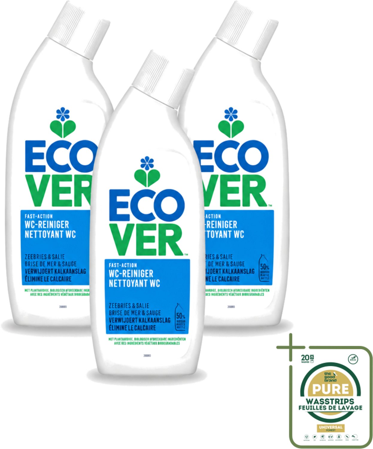 3 x Ecover - Toiletreiniger - Zeebries & Salie - 750 ml - Wasstrips - Toiletreiniger - Zeebries En Salie - Ontkalken - Reinigen - Natuurlijke Geur