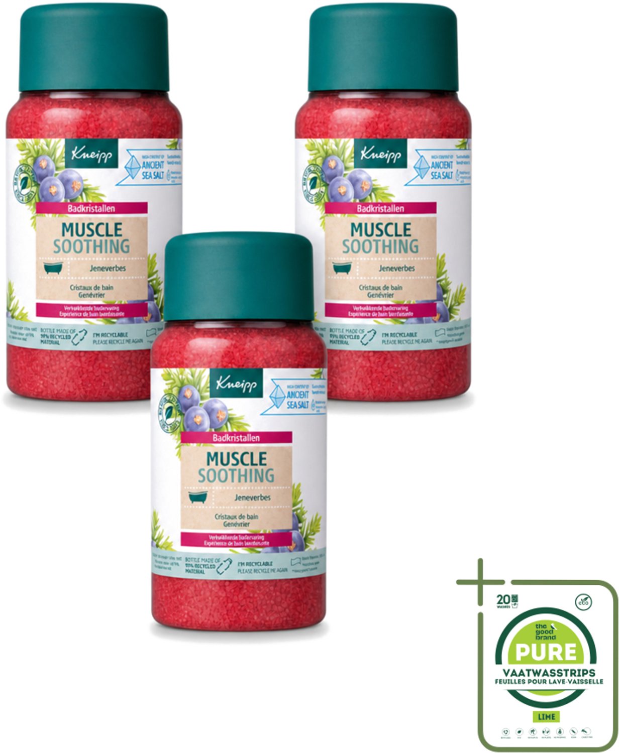 3 x Kneipp - Badzout - Muscle Soothing - Jeneverbes - Weldaad voor spieren - 600 g - Grootverpakking - Vaatwasstrips - Badzout - Spierverzorging - Spierpijn - Ontspanning - Badkristallen