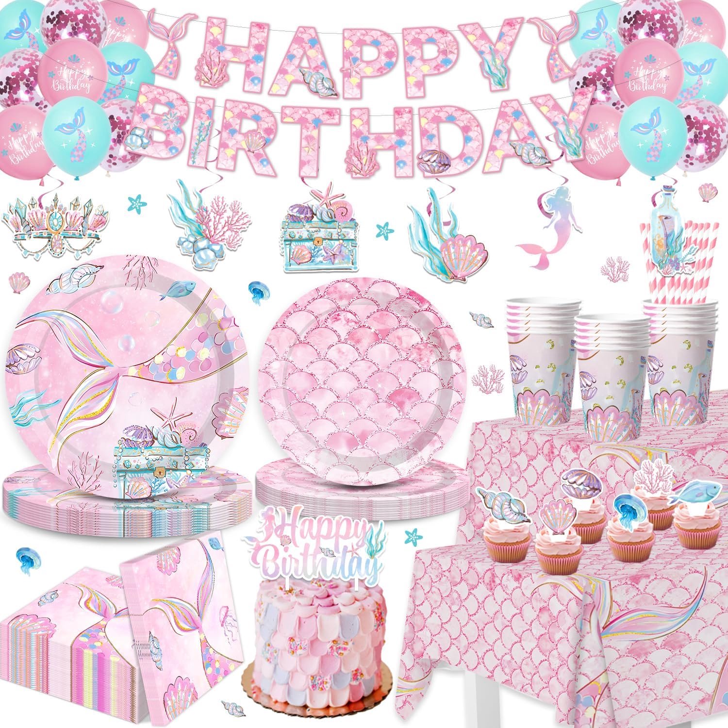 Feestdecoraties - 140 stuks zeemeermin verjaardagsdecoratieset met banner, hangende wervelingen, borden, servetten en taarttopper - zeemeermin-thema feestartikelen voor feesten