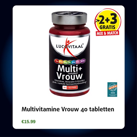 Een witte achtergrond met een rode pillenfles. Rechtsboven staat een gele cirkel met "2+3 GRATIS".