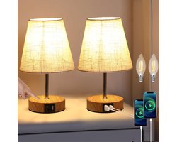 Lightess 2-delige set nachtlampje touch dimbaar tafellampen USB LED tafellampen modern vintage met houten basis retro stoffen kap met E14 gloeilamp warm wit voor woonkamer slaapkamer tafel beige