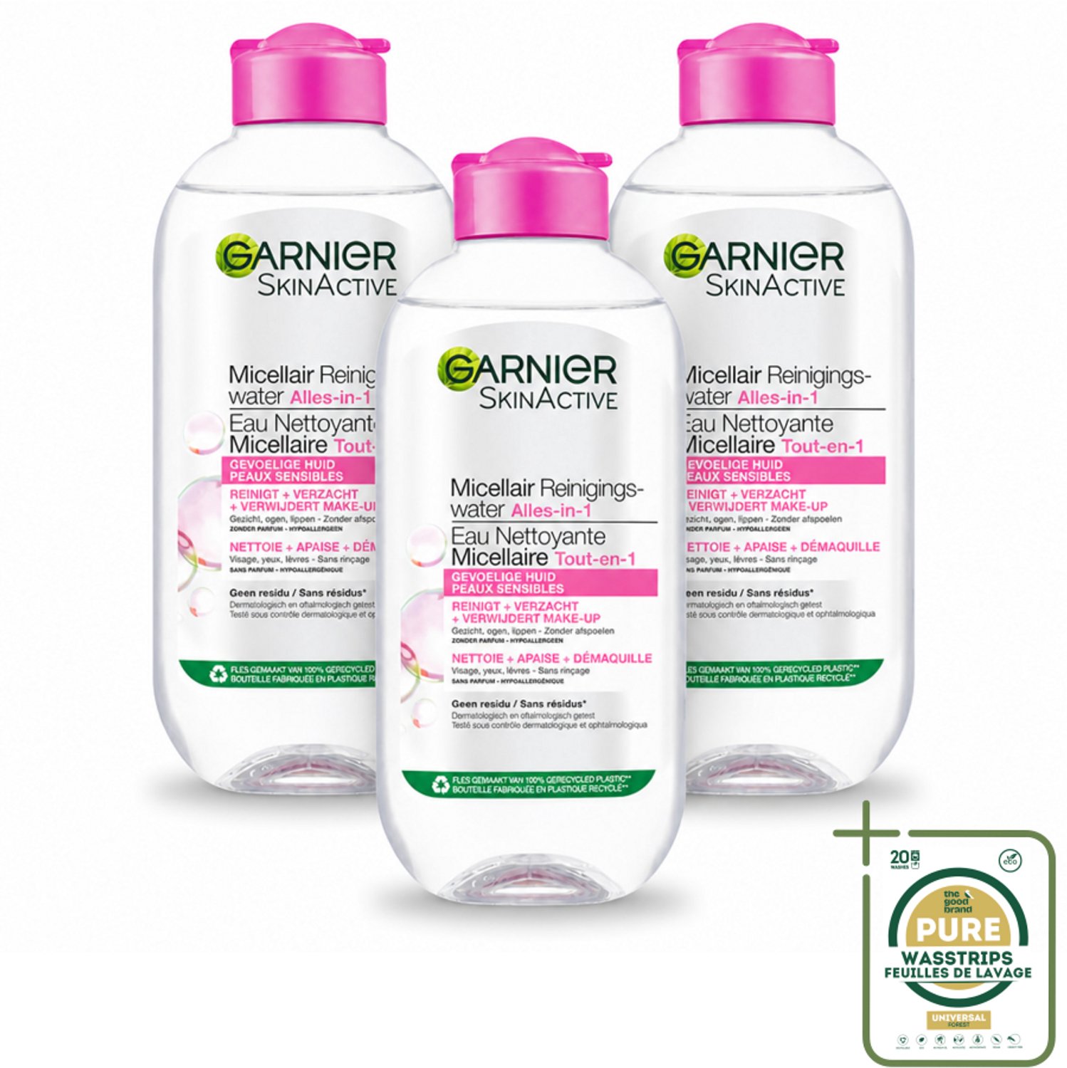 3 x Garnier - SkinActive - Micellair Water - Gevoelige Huid - Gezichtsreiniger - 200 ml - Wasstrips - Gevoelige Huid Reinigen - Micellair Water - Gezichtsreiniger - Make-up Verwijderen - Geurloos Reinigen