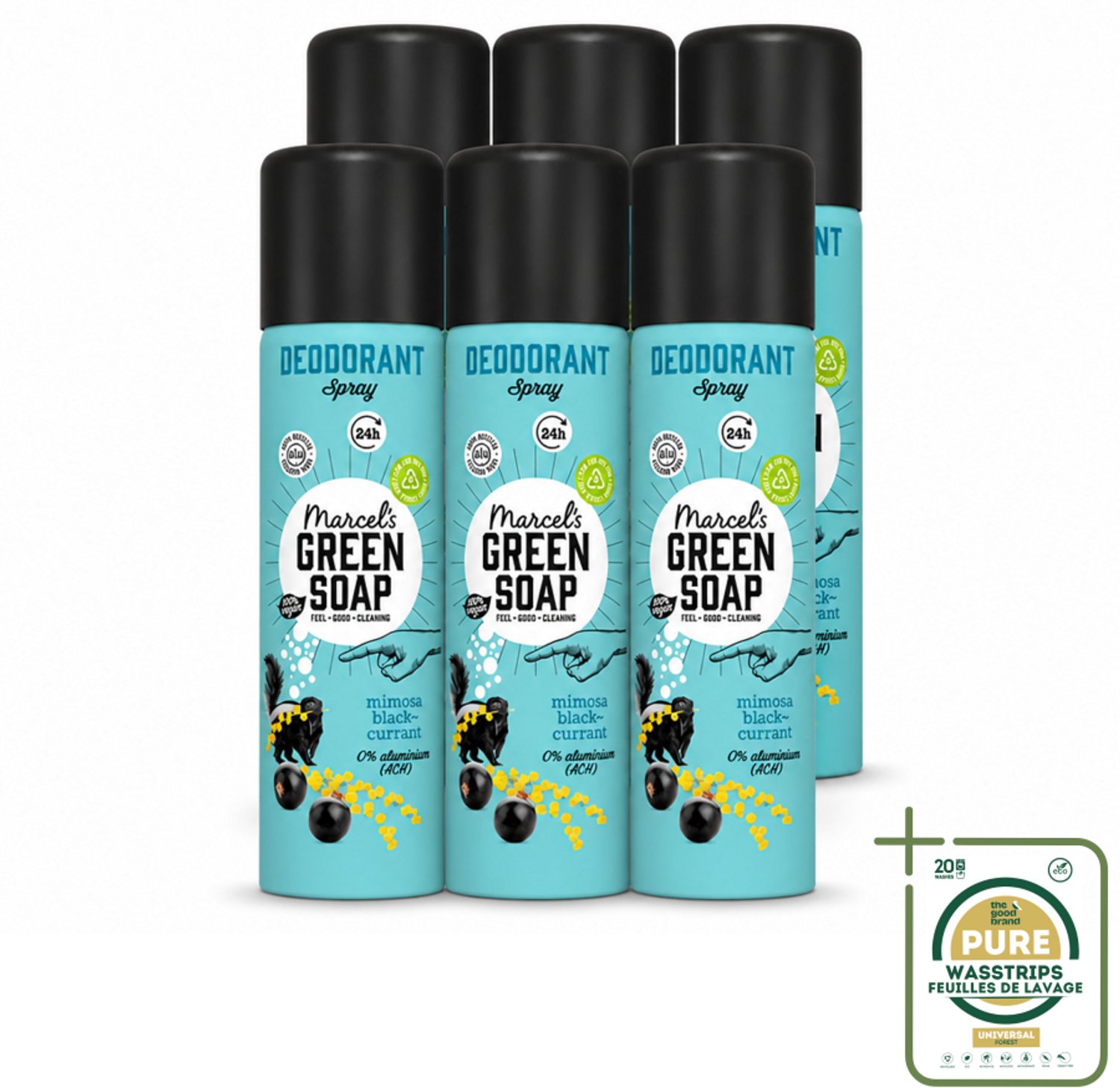 6 x Marcel's Green Soap - Deodorant Spray - Mimosa & Blackcurrant - Langdurige frisheid - 150 ml - Wasstrips - Deodorant Spray - Geur - Frisheid - Mimosa - Zwarte Bes