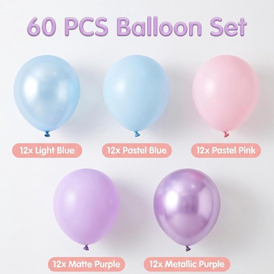 60 stuks ballonnen, roze, blauw, paars, 30 cm, latex ballonnen, metallic ballonnen, pastelkleuren, set voor prinsessen, verjaardag, bruiloft, bruidsfeest, feest, decoratie — afbeelding 4