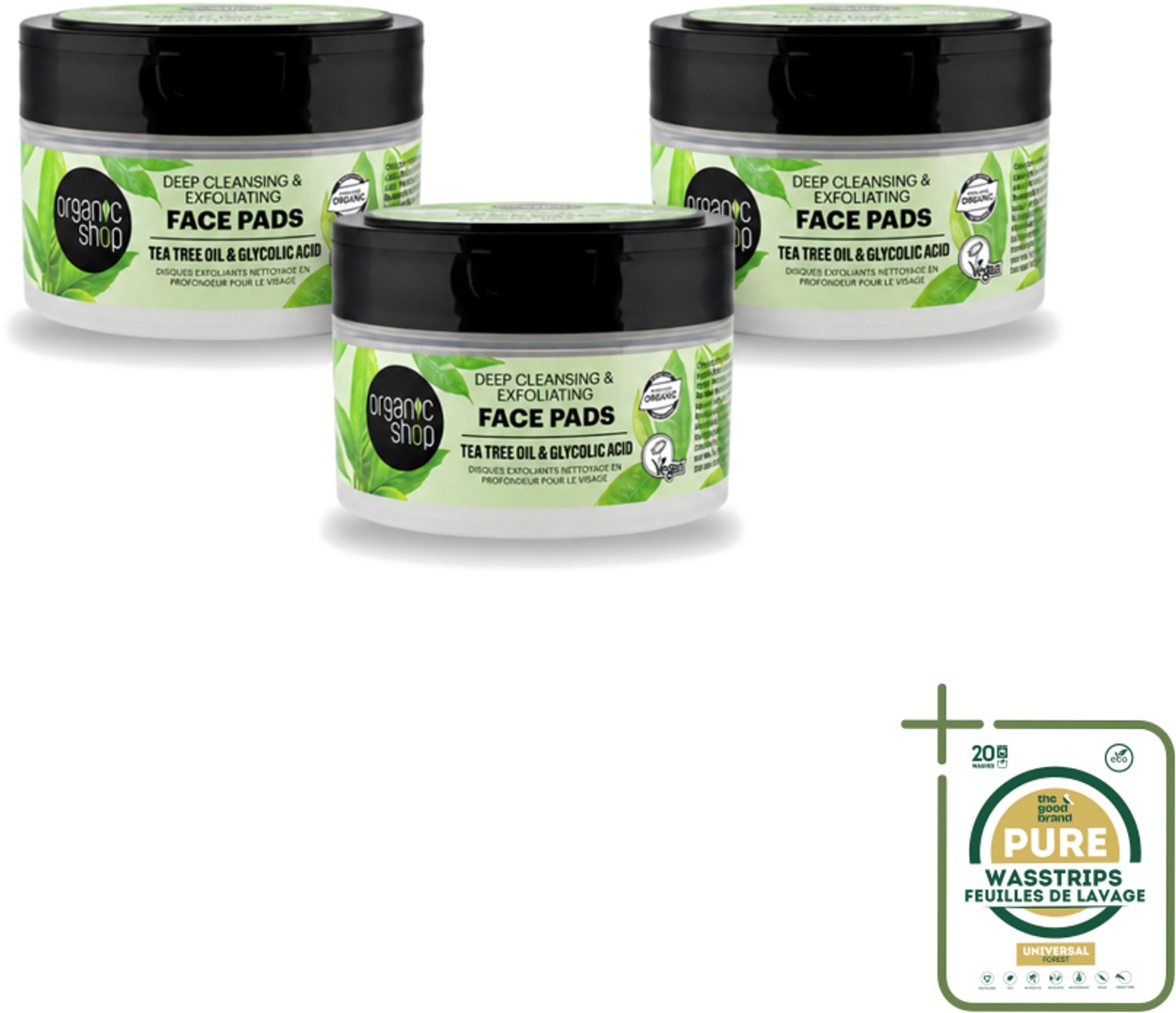 3 x Organic Shop - Face Pads Deep Cleansing - Verfrissend en Reinigen - 20 Pads - Wasstrips - Gezichtsreiniging - Diepe Reiniging - Tea Tree Olie - Glycolzuur - Exfolierend