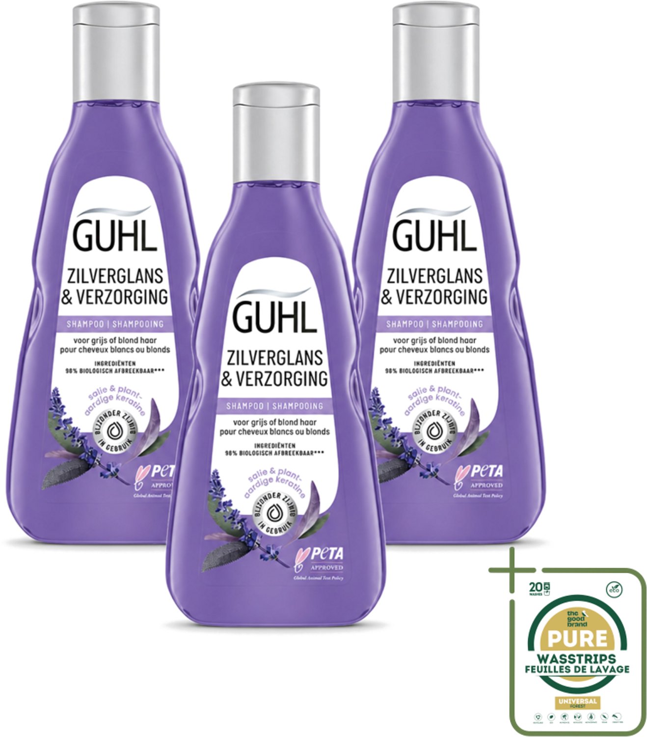 3 x Guhl - Shampoo - Zilverglans & Verzorging - 250 ml - Wasstrips - Zilverglans Shampoo - Anti-geel Shampoo - Grijs Haar Verzorging - Blond Haar Verzorging - Haarverzorging