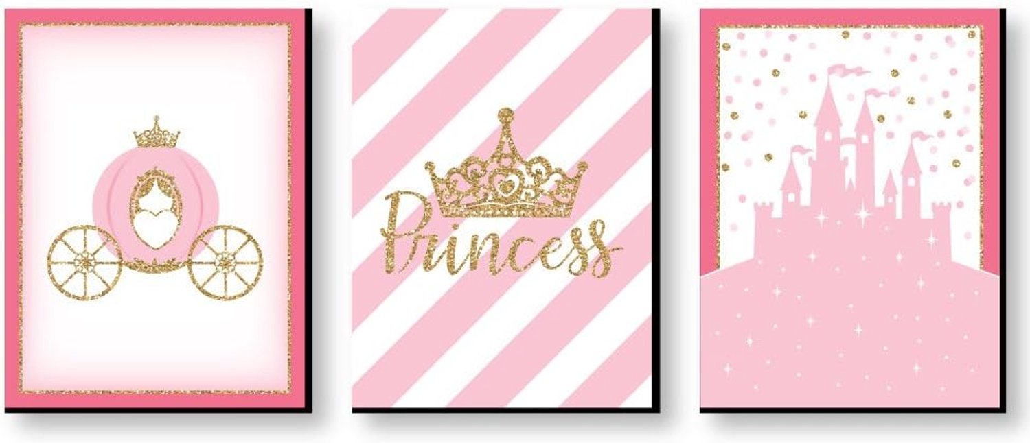 Big Dot of Happiness Kleine prinses kroon - kasteel kinderkamer muurkunst en kinderkamer decoraties - cadeau-ideeën - 19,1 x 25,4 cm - set van 3 prints