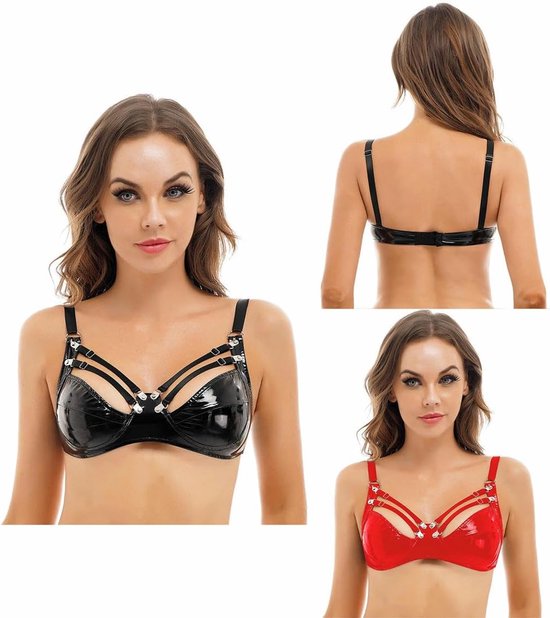 Womens ongevoerd strappy bralette glanzend lederen beha top draadloze beha beha pole danskostuum — afbeelding 3