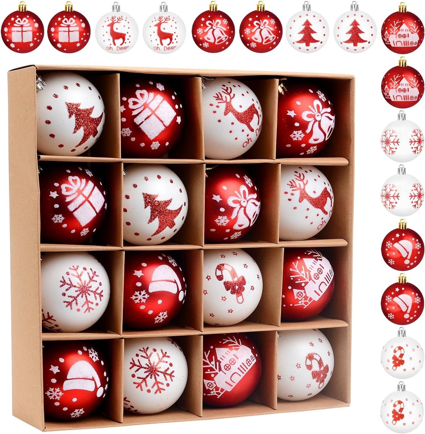 Set van 16 Plastic Kerstballen in Rood en Wit, Versiering voor de Kerstboom, Binnen en Buiten Gebruik