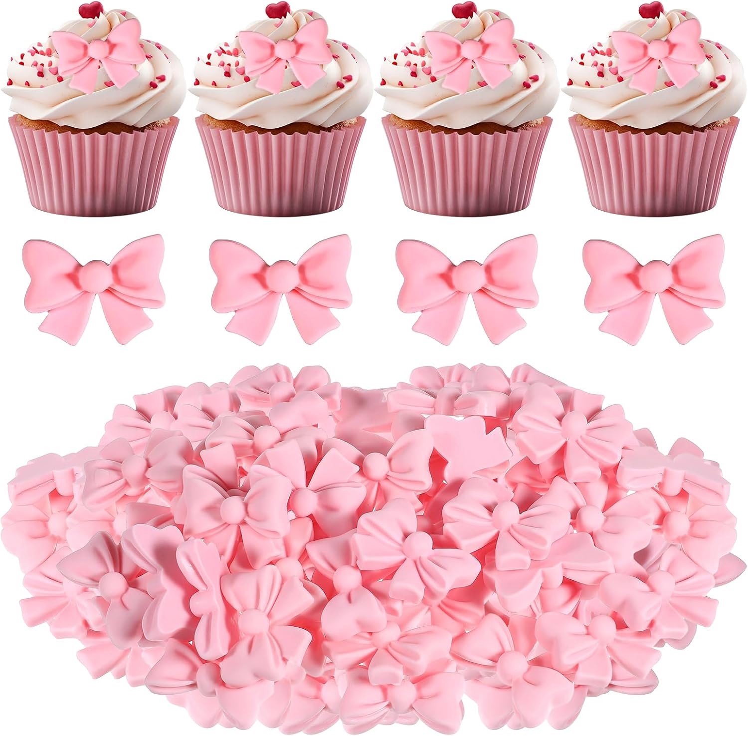 50 Stuks Roze Strik Cupcake Toppers, Versieringen voor Taarten en Feestjes, Bruiloft, Babyshowers en Verjaardagen