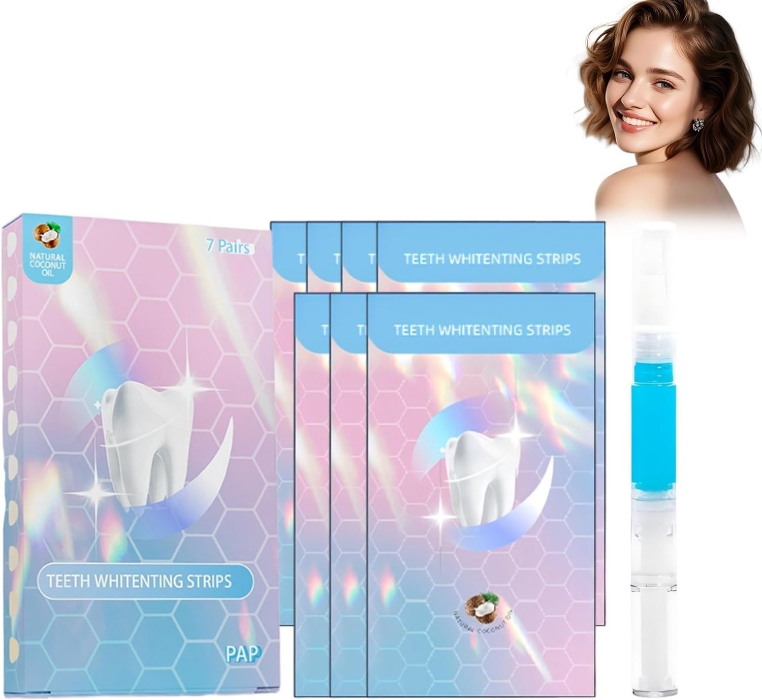 Set van 7 Pairs Tanden Bleekstrips voor het Verwijderen van Tandverkleuring en Vlekken, Inclusief Gratis Tandenverzorgingsgel Pen
