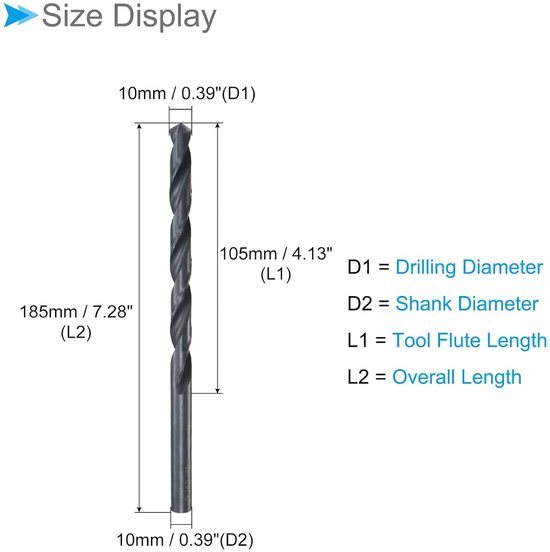 Twist Drill 10mm Drilling Diameter Black Oxide High Quality Steel Extra Long Straight Shank - ShopVlot — afbeelding 5