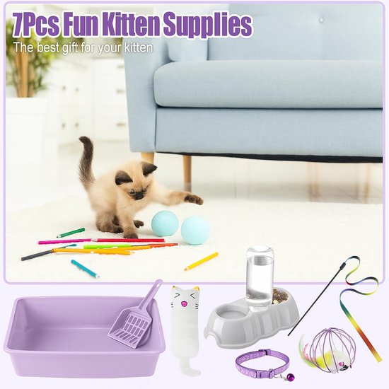 7 stuks kleine kat kitten starterkit kattenbak met schop kattenpoot kattenbak mat dubbele automatische kattenkommen kattenspeelgoed teaser stok kattenhalsband essentiële kits voor 1-3 pond beginner — afbeelding 4