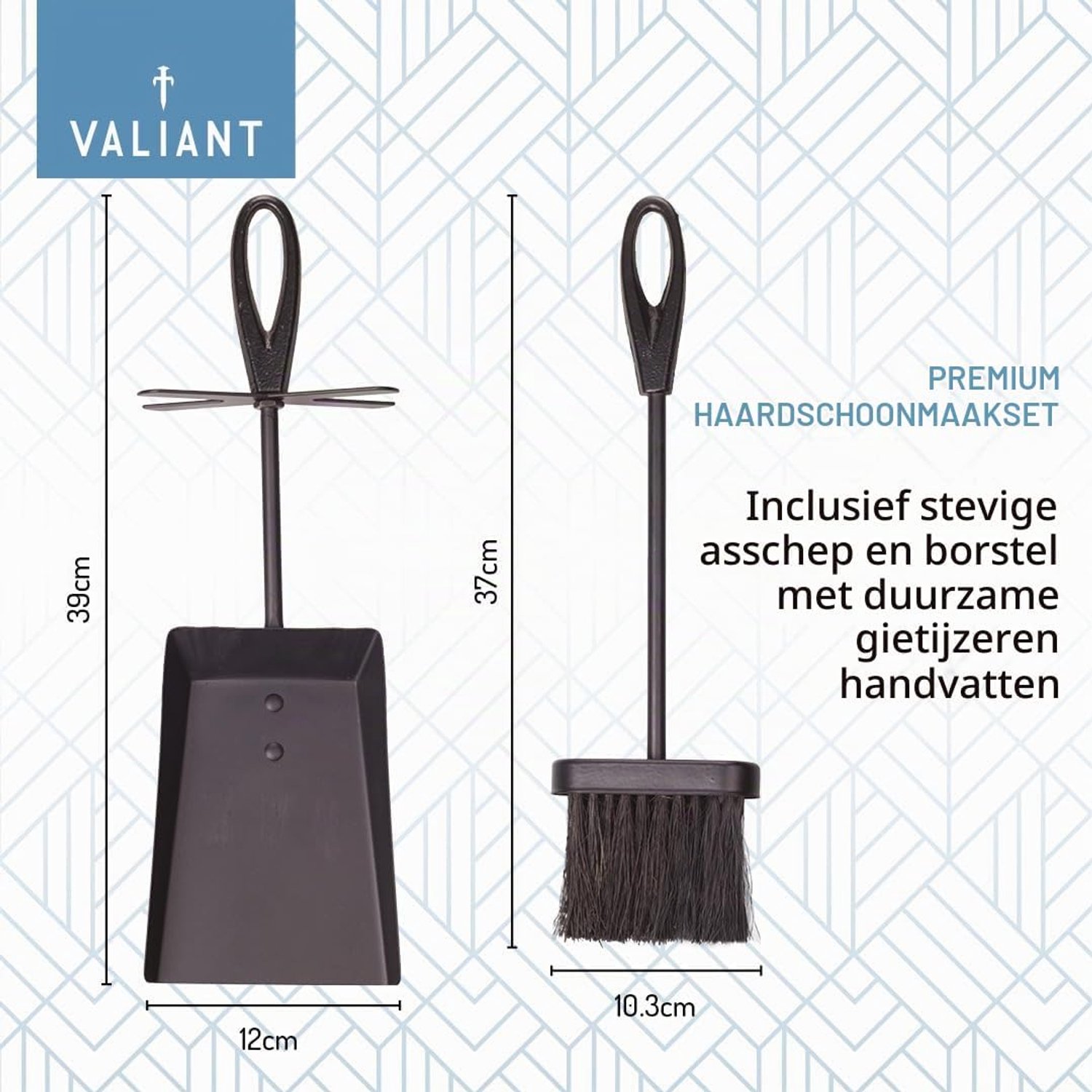 Valiant haardset met asschep en borstel, gietijzeren handgrepen, 38 cm, zwart