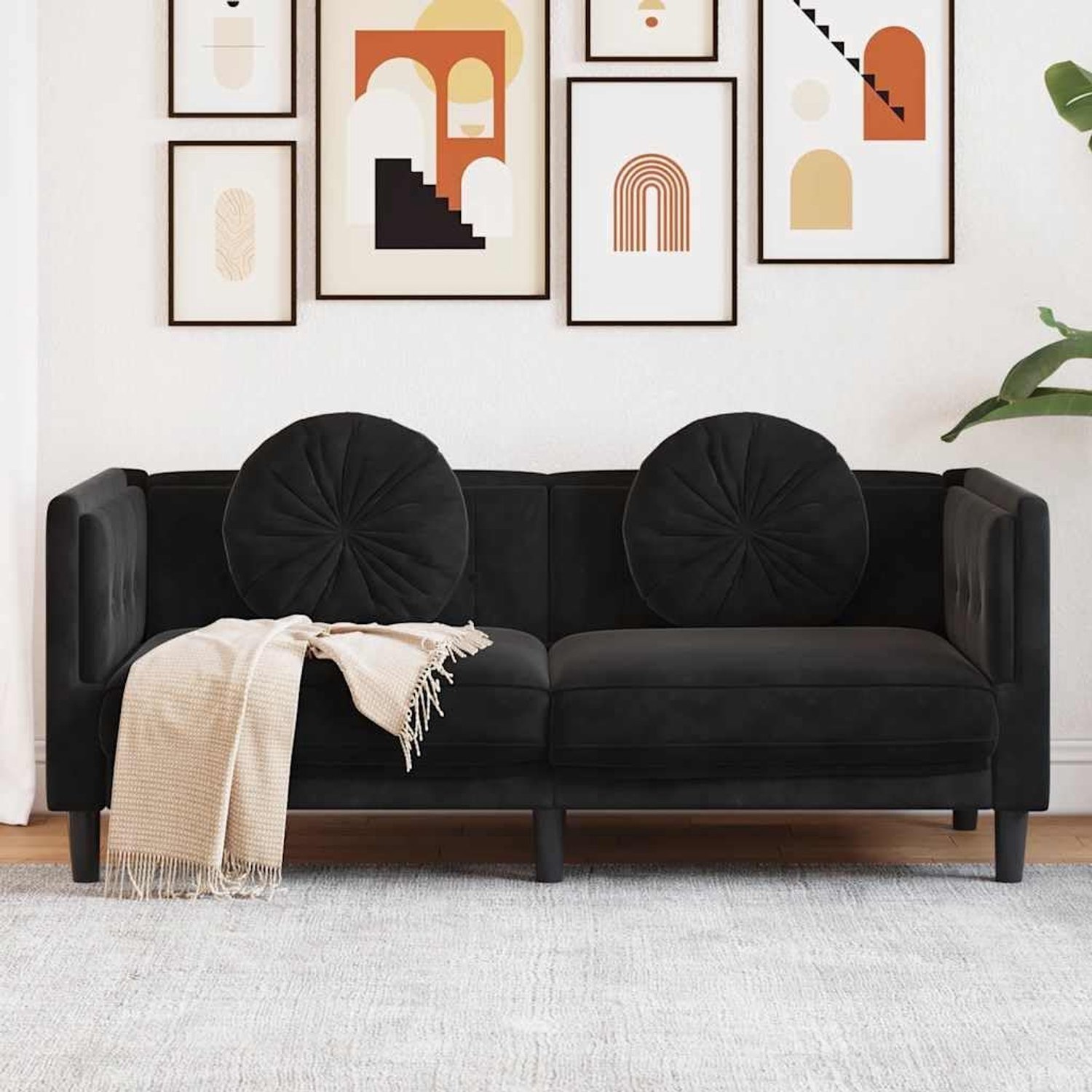 2-zitsbank met kussen in zwart fluweel, zachte fluwelen bekleding voor de woonkamer, comfortabel zitgevoel met bekleding, modern design, stabiele steunpoten