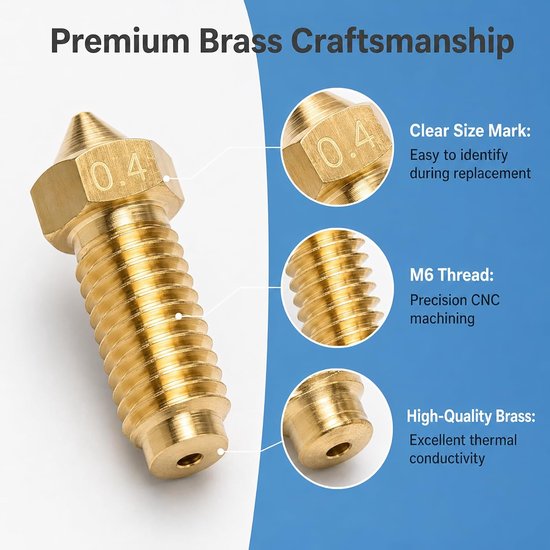 20 stuks printermondstukken messing mondstuk, 0,2 0,4 0,6 0,8 1,0 mm, Nozzle extruder printkop, messing mondstukken M6 voor Anycubic Vyper Kobra Max Artillery, PLA ABS PETG TPU filamenten — afbeelding 2