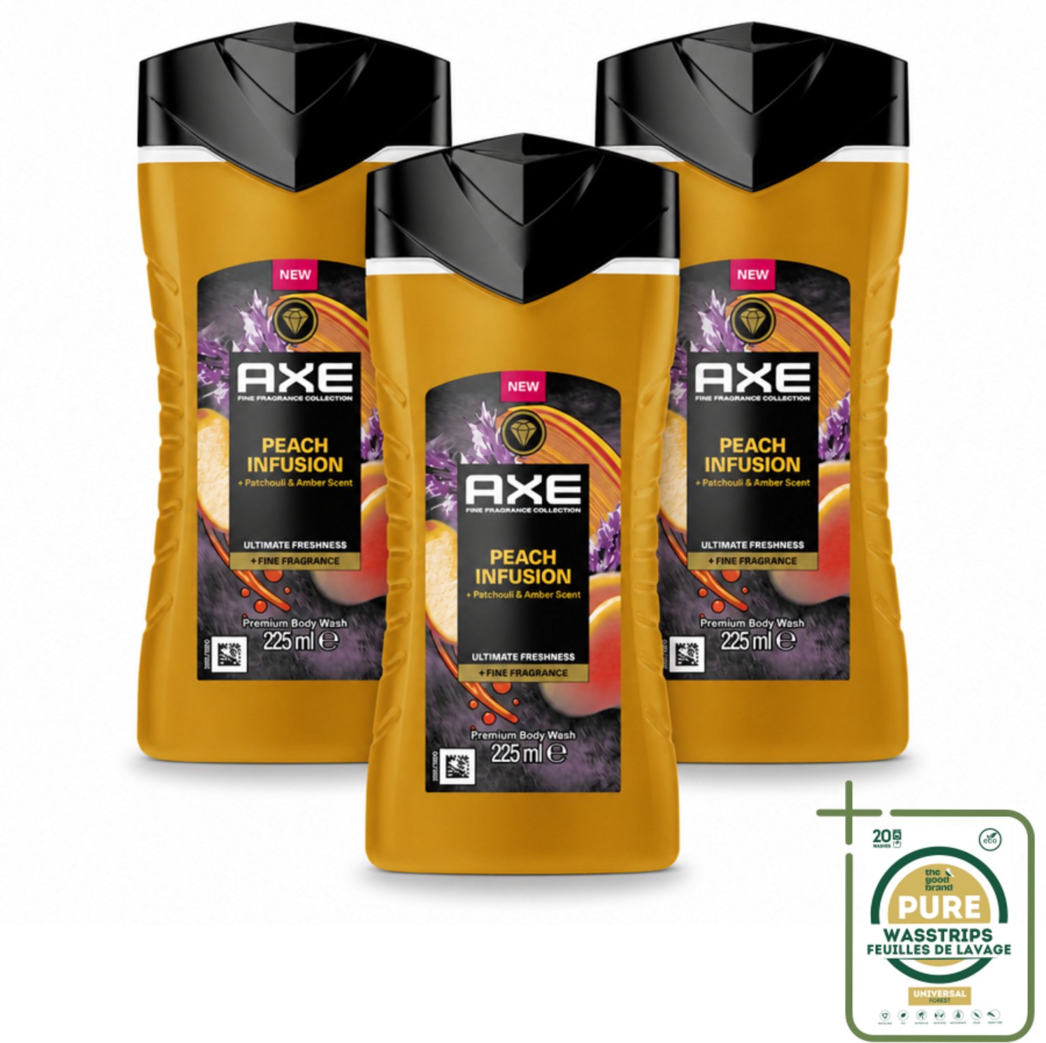 3 x Axe – Douchegel – Peach Infusion – 225 ml - Wasstrips - Douchegel - Fris Ruiken - Geur - Parfum - Luxe Geur
